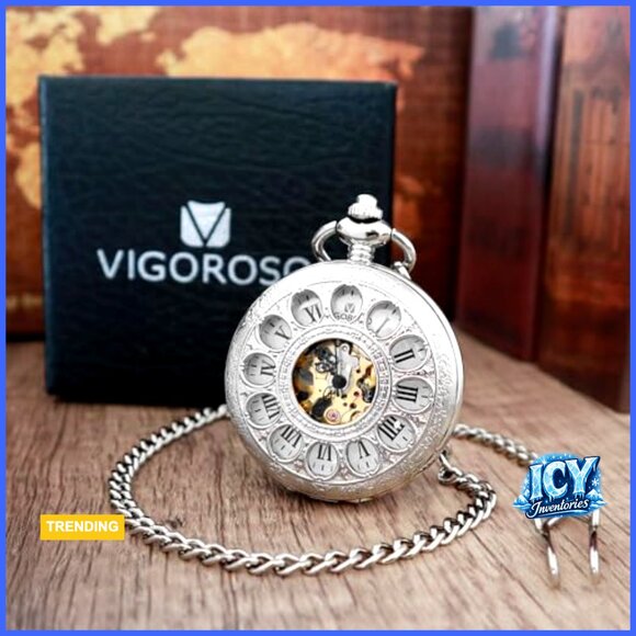 Mechanical Hand Wind Pocket Watch with Chain, Skeleton Floral Design main image 6